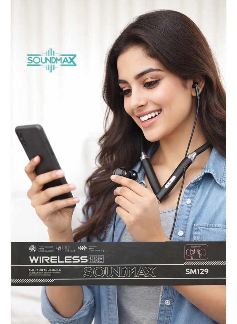 Soundmax SM129 Wireless Bluetooth Neckband Headphones | Deep Bass Stereo Sound | Magnetic Earbuds | Long Battery Life | Comfortable & Lightweight Design - Image 1